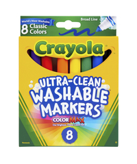 Crayola Ultra-Clean Washable Markers, Broad Line, Assorted Classic Colors, Set of 8 Item Number 008196