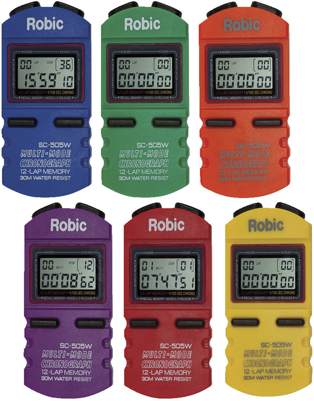 Robic SC-505W Multi-Mode Chronograph Stopwatches, 12 Lap Memory, Set of 6 Colors, Item Number 016341