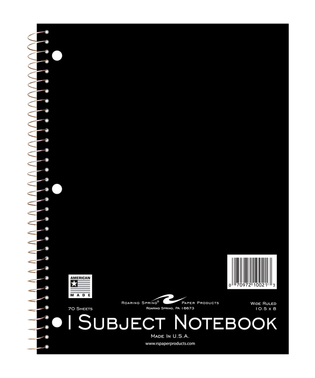 Roaring Spring Wide Ruled Notebook, 10-1/2 x 8 Inches, 1 Subject, 70 Sheets, Assorted Colors, Item Number 2088359