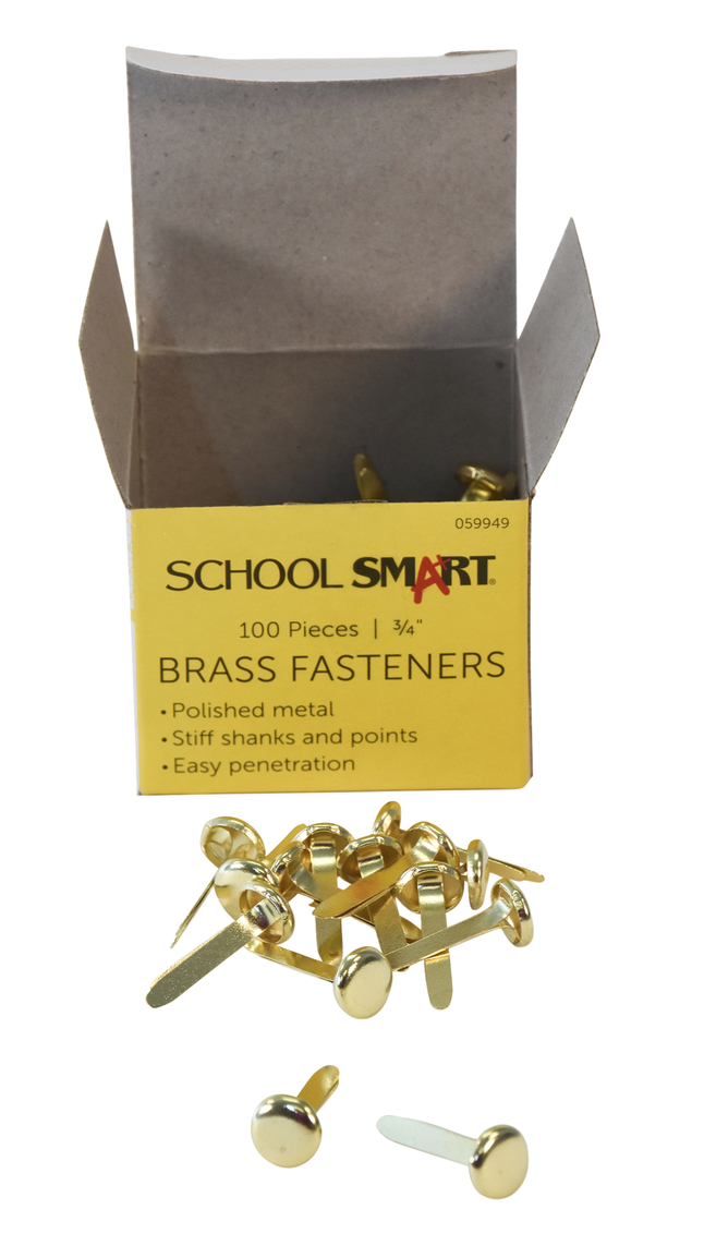 School Smart Prong Fasteners, 3/4 Inches, Size 3, Brass Plated, Pack of 100