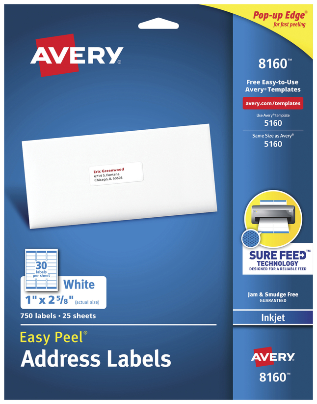 750 Avery Easy Peel Inkjet Address Label 1x2-5/8 White 
