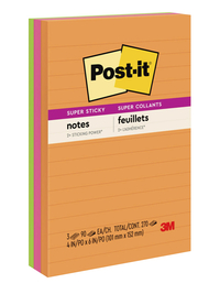 Post-it Super Sticky Lined Notes, 4 x 6 Inches, Energy Boost Colors, Pack of 3, Item Number 086846