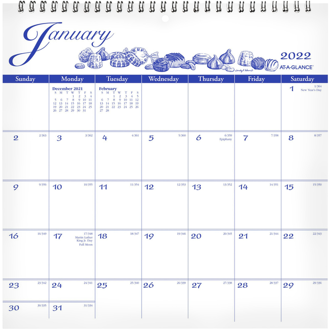At-A-Glance Wirebound Wall Calendar, 12 x 11-3/4 Inches, 12 Months, Jan to Dec, Blue/White, Item Number 1053126