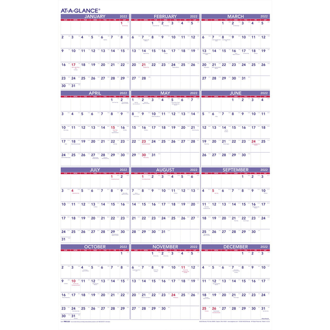 At-A-Glance Wall Planner, 24 X 36 in, Jan - Dec, Blue/White, Item Number 1053172