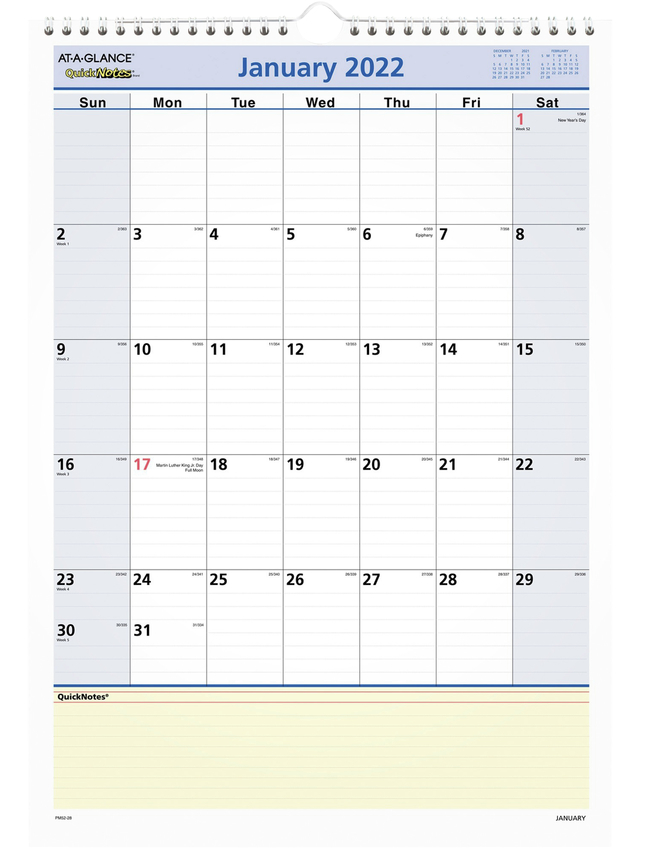 At-A-Glance QuickNotes Recycled Wirebound Wall Calendar - One Page Per Month, Item Number 1053190