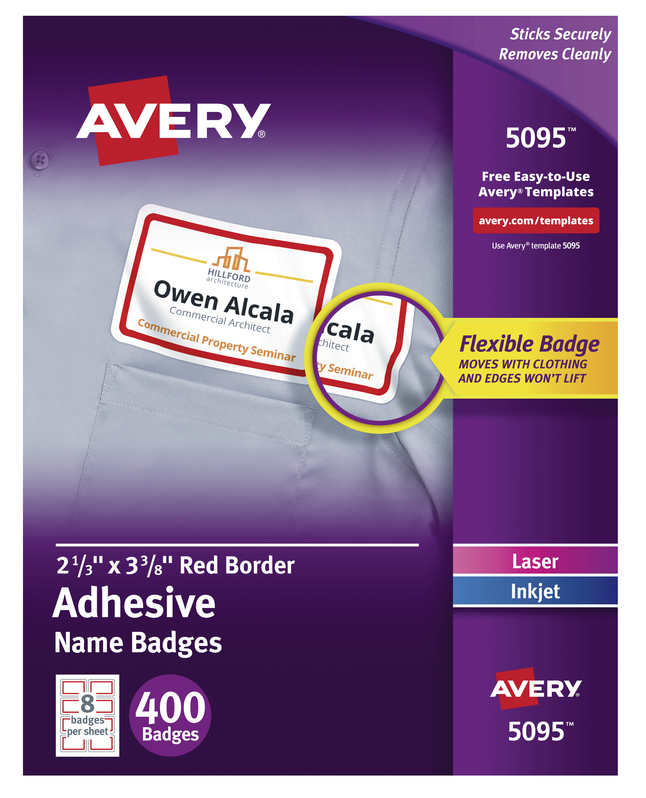 Avery Adhesive Name Badges, 2-1/3 x 3-3/8 Inches, Red Border, Pack of 400, Item Number 1054551