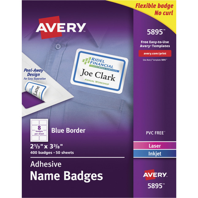 Avery Adhesive Name Badges, 2-1/3 x 3-3/8 Inches, Blue Border, Pack of 400, Item Number 1054654