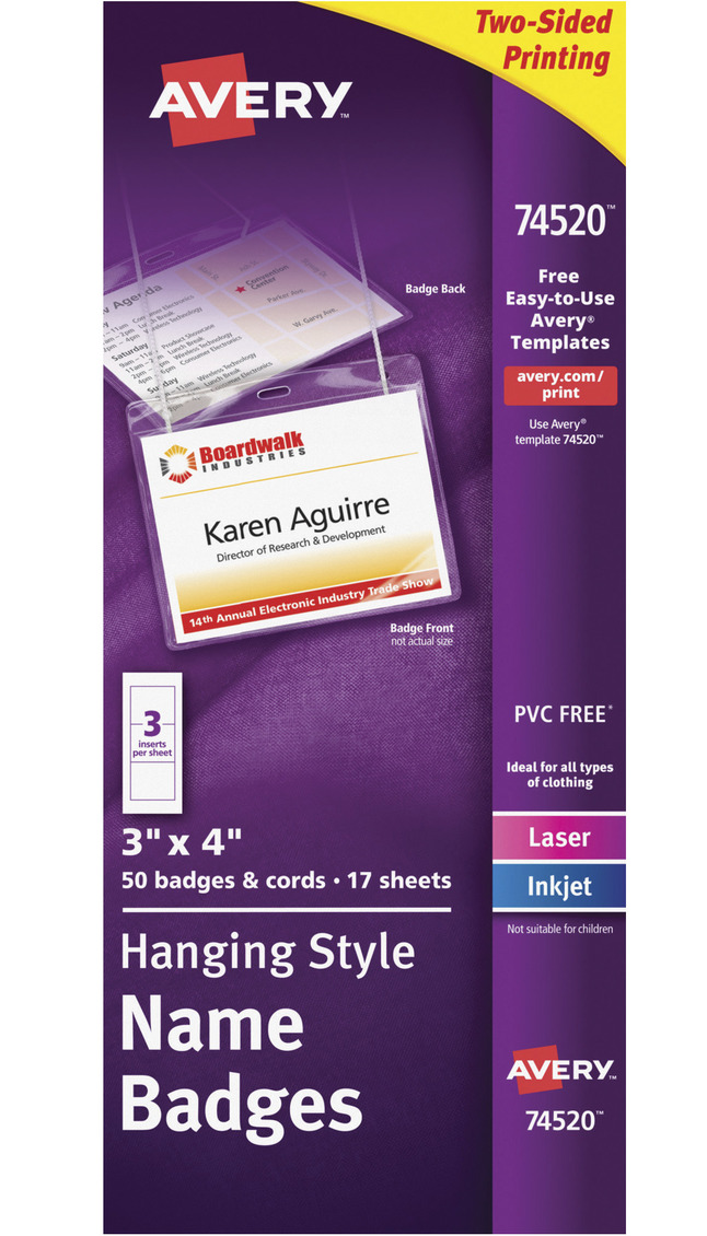 Avery Hanging Style Name Badge Kit, Top Loading, 3 x 4 Inches, White, Pack of 50, Item Number 1054737