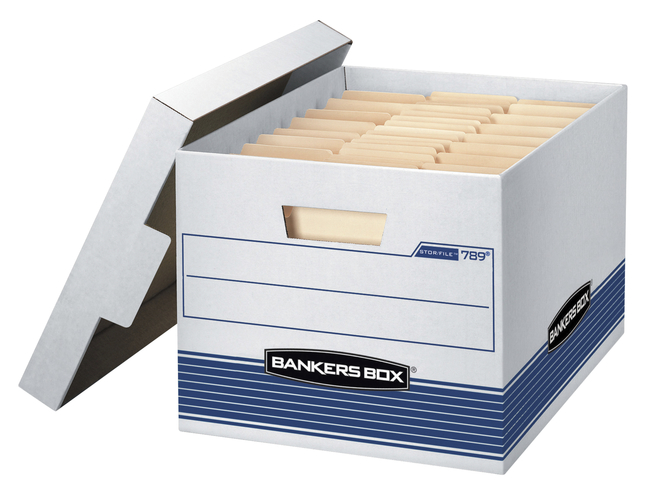 Bankers Box File Storage Box with Lid, Letter/Legal Size, 10 x 15 x 10 Inches, Blue/White, Pack of 12, Item Number 1059795