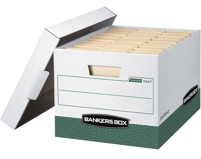 Bankers Box R-Kive File Storage Box, 12 x 15 x 10 Inches, White/Green, Pack of 12, Item Number 1059802