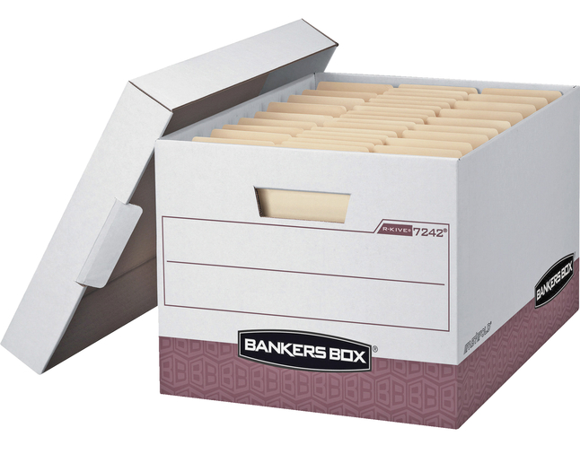 Bankers Box R-Kive File Storage Box, 12 x 15 x 10 Inches, White/Red, Pack of 12, Item Number 1059803