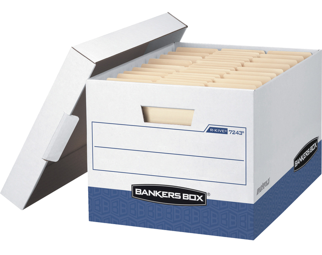 Bankers Box R-Kive File Storage Box, 12 x 15 x 10 Inches, White/Blue, Pack of 12, Item Number 1059804