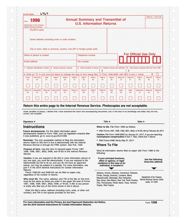 Tops 1096 2 Parts Carbonless Miscellaneous Tax Form With Carbon 8 X 11 In White Pack Of 10