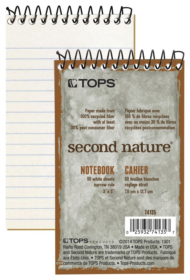 TOPS Second Nature Recycled Notebook, 3 x 5 Inches, 50 Sheets, Item Number 1070676