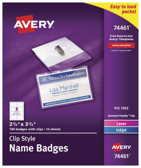 Avery 74461 Clip Style Name Badges with Clips, 2-1/4 x 3-1/2 Inches, Pack of 100, Item Number 1081654