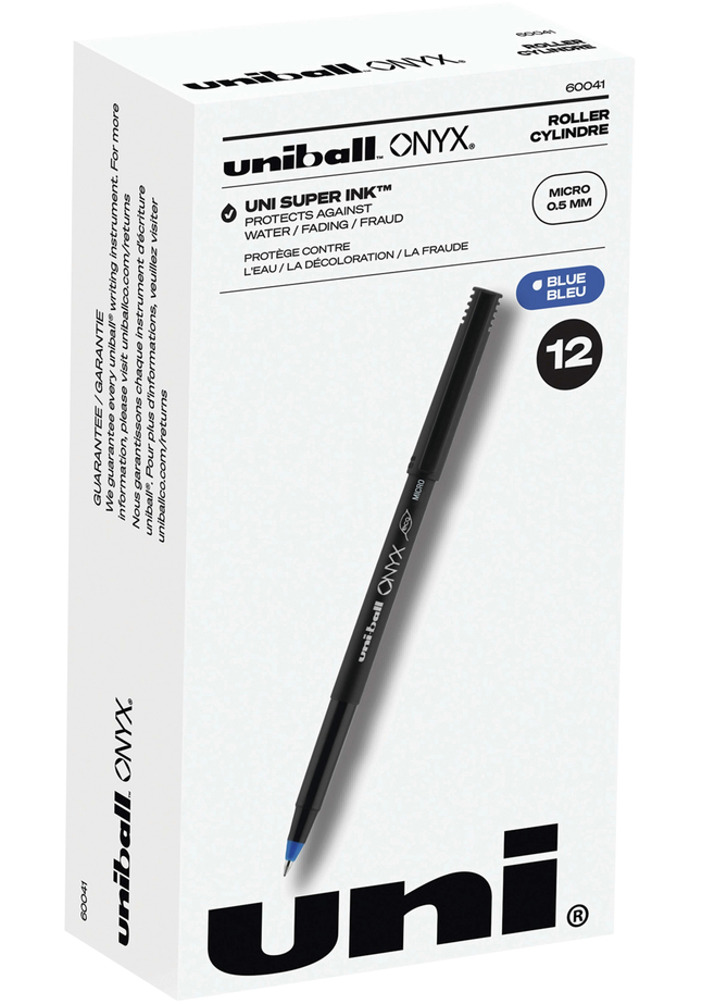 uni Onyx Roller Ball Stick Pen, 0.5 mm Tip, Blue Ink, Pack of 12, Item Number 1089629