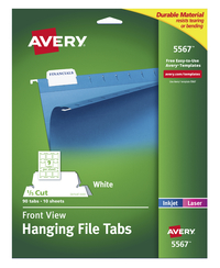 Avery Printable Hanging File Tabs, Letter Size, 1/5 Cut Tabs, White, Pack of 90, Item Number 1098408