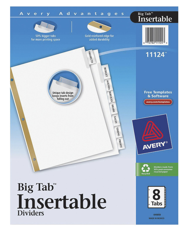 Avery Insertable Divider, Two Sided, 8 Tab, 8-1/2 x 11 Inches, Clear, 1 Set, Item Number 1118114
