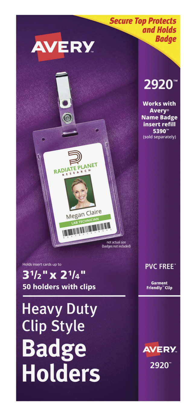 Avery Flexible Vertical ID Badge Holder with Portrait Clip Attachment, 2-1/4 in X 3-1/2 in, Polypropylene, Clear, Pack of 50, Item Number 1118257