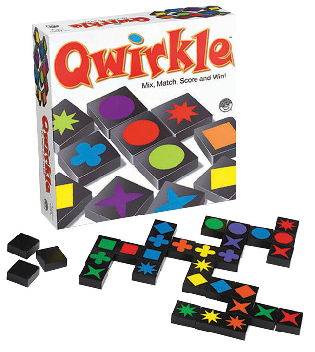Qwirkle game packaging and game pieces