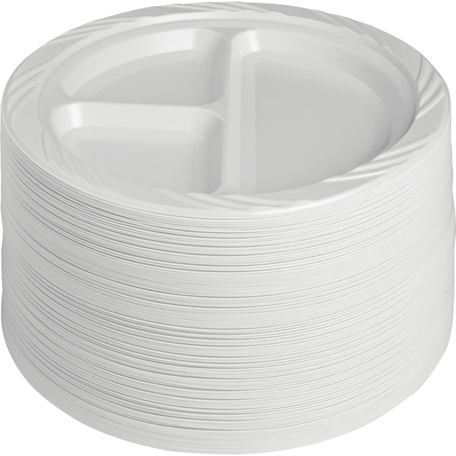 Genuine Joe Disposable/Reusable Divided Round Plate, 9 W in, Plastic, White, Pack of 125, Item Number 1310439