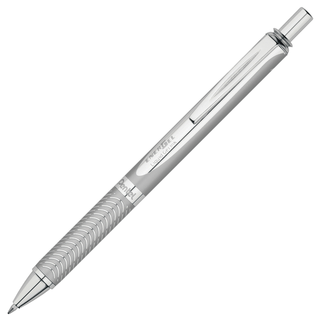 Pentel EnerGel Refillable Retractable Gel Pen, 0.7 mm Medium Tip, Black Ink, Silver Metal Barrel, Item Number 1312571