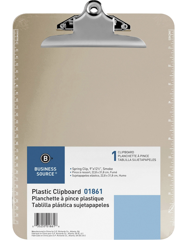 Sparco Transparent Clipboard, 9 X 12-1/2 in, Molded Plastic, Smoke, Item Number 1314067