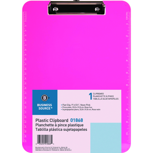 Sparco Transparent Clipboard with Flat Clip, 9 X 12 in, Molded Plastic, Neon Pink, Item Number 1314073
