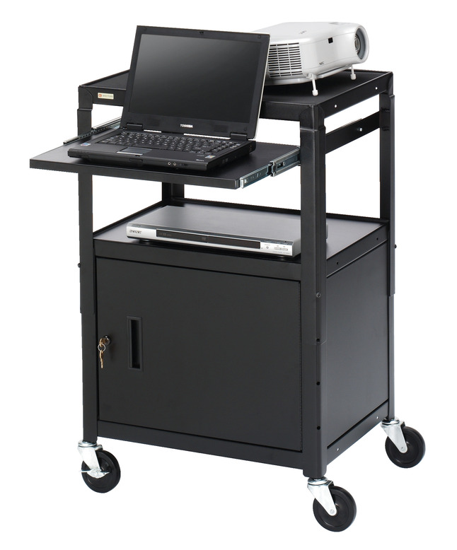 Bretford Adjustable Cart With Cabinet-4 Inch Casters-Power-1 Laptop Shelf, 24 W X 18 D X 26-42 H, Black, Item Number 1364925