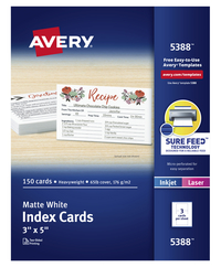 Avery Index Cards with Sure Feed Technology, 3 x 5 Inches, White, Pack of 150, Item Number 1440038
