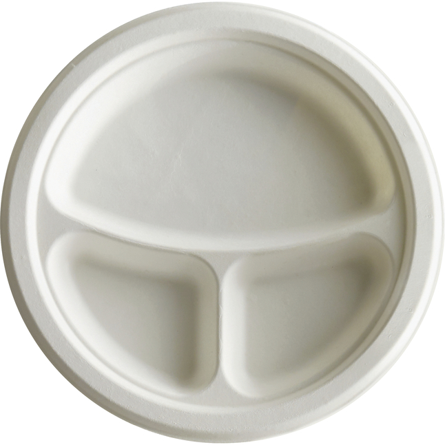 Eco-Products 3-Compartment Sugar Cane Plates, 10 Inches, White, Pack of 500, Item Number 1445482