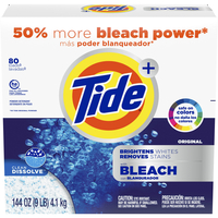 Tide Detergent Powder with Bleach, 144 Ounces/80 Loads, Original Scent, White, Item Number 1446300