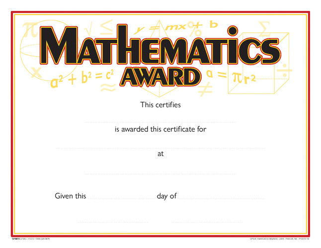 Hammond & Stephens Raised Print Mathematics Recognition Award, 11 x 8-1/2 inches, Pack of 25, Item Number 1475490