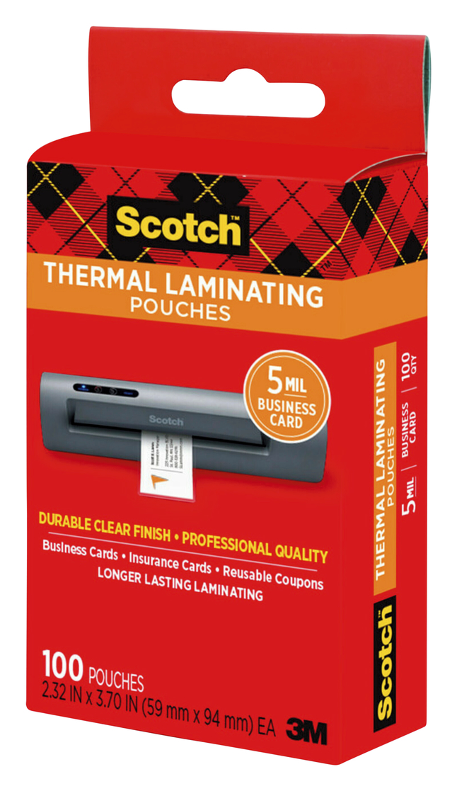 Scotch Thermal Laminating Pouch, 2-3/8 x 3-3/4 Inches, 5 mil Thick, Pack of 100, Item Number 1494672