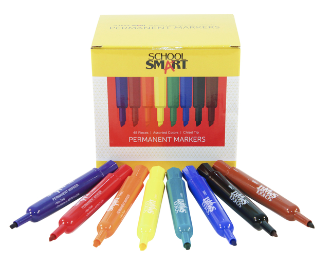 School Smart Permanent Marker, Broad Chisel Tip, Assorted Colors, Set of 48