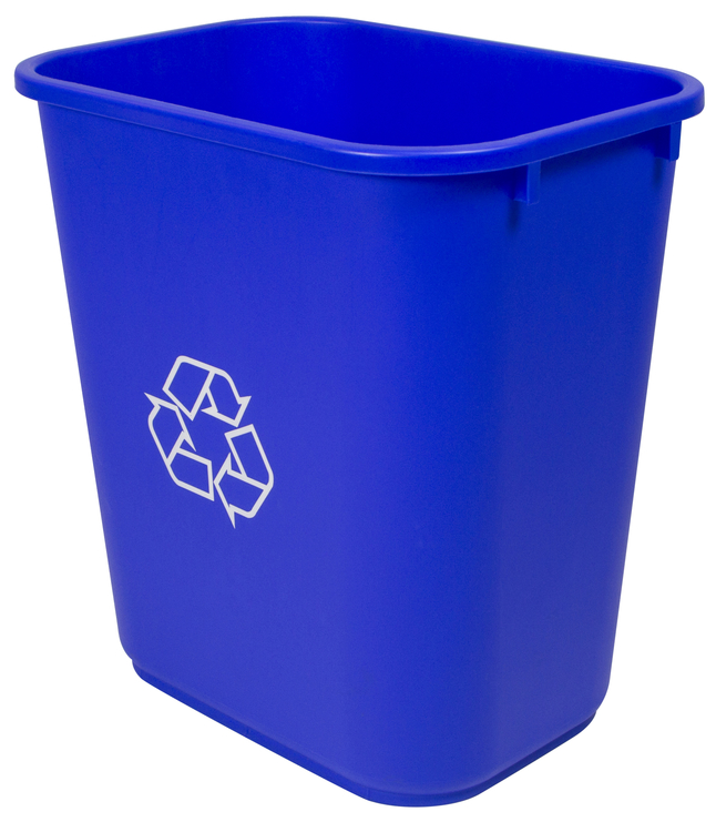 Blue recycling bin.