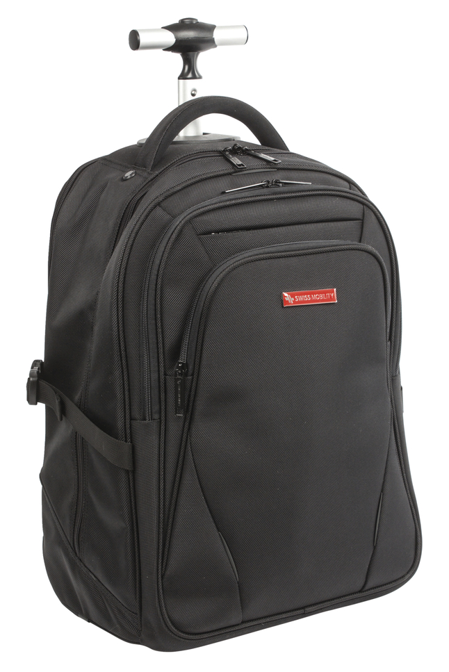 Swiss Mobility 4 Wheel Rolling Backpack, 16 x 2 x 12 Inches, Black