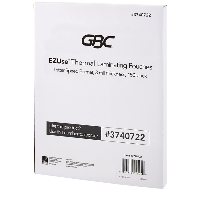 GBC EZUse Thermal Laminating Pouches, Clear, Letter, 3 mil, Pack of 150, Item Number 2025582