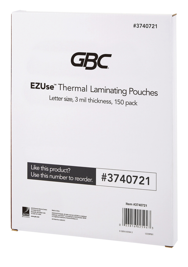 GBC EZUse Thermal Laminating Pouches, Clear, Letter, 3 mil, Pack of 150, Item Number 2025651