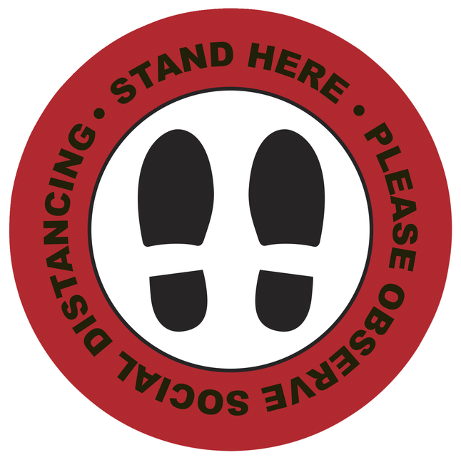 Image for Social Distancing Floor Sticker, Stand Here, 10 Inch Diameter Circle, Red, Pack of 5 from School Specialty