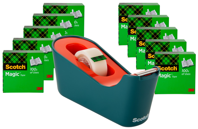 Image for Scotch Classic Tape Dispenser with 10 Rolls of Tape, Sea Green/Coral from School Specialty