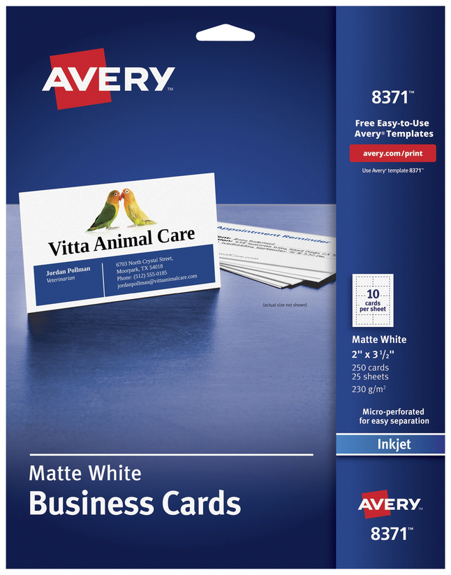 Avery Business Cards, 2 x 3-1/2 Inches, Inkjet Printable, Matte White, Pack of 250, Item Number 2049403