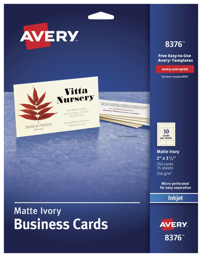Avery Business Cards, 2 x 3-1/2 Inches, Inkjet Printable, Matte Ivory, Pack of 250, Item Number 2049404