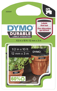 Dymo D1回收耐用标签的图片，1/2英寸x 10英尺，黑白相间，来自学校专业