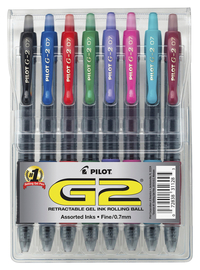 Pilot G2 Retractable Gel Ink Rollerball Pens, 0.7 mm Fine Tip, Assorted, Pack of 8, Item Number 2049730