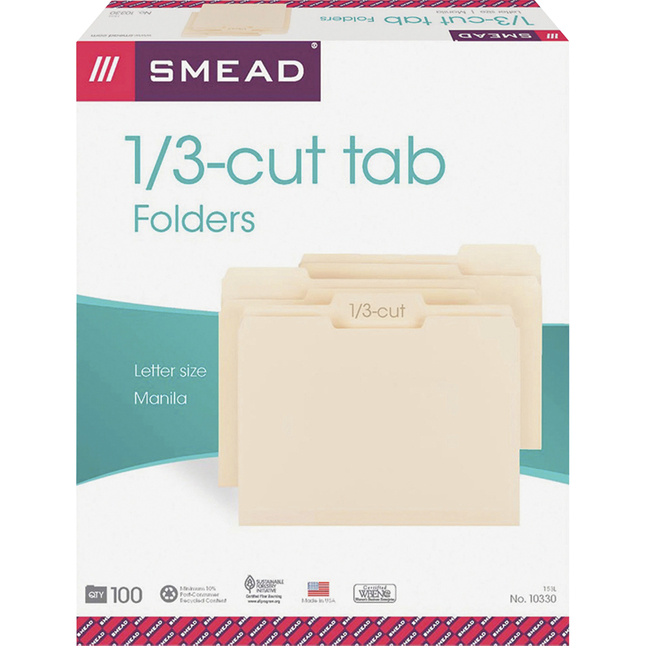 Smead File Folder, Letter Size, 1/3 Assorted Cut, Manila, Pack of 100, Item Number 2049759