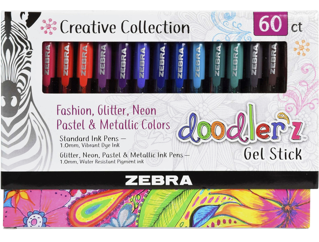 Zebra Pen Doodler'z Gel Stick Pen, 1.0 mm Bold Tip, Assorted, Set of 60, Item Number 2049810