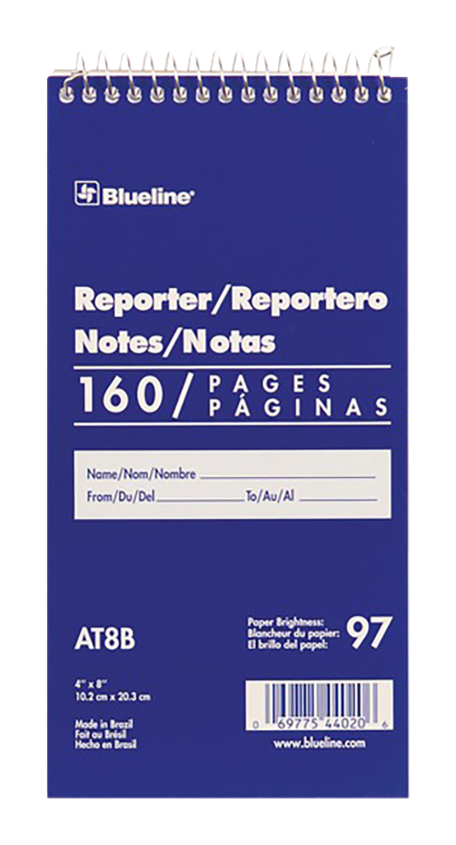 Blueline Reporter Notebook, 160 Sheets, Spiral, 4 Inches x 8 Inches, White Cover, Item Number 2050252
