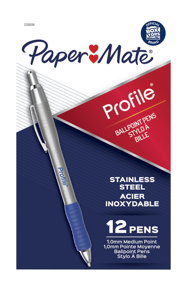 Image for Paper Mate Profile Retractable Ballpoint Pens with Stainless Steel Barrel, 1.0 mm Tip, Blue Ink, Pack of 12 from School Specialty