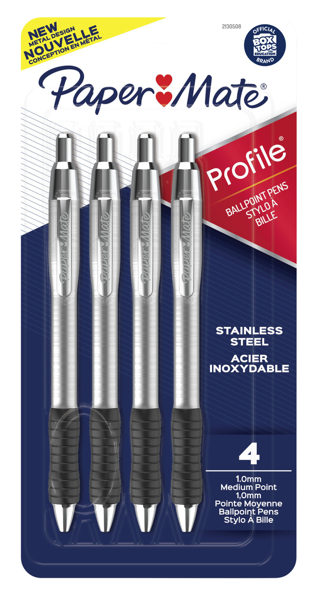 Image for Paper Mate Profile Retractable Ballpoint Pens with Stainless Steel Barrel, 1.0 mm Tip, Blact Ink, Pack of 4 from School Specialty